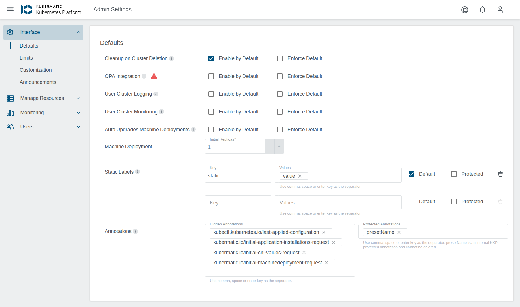Defaults cluster settings